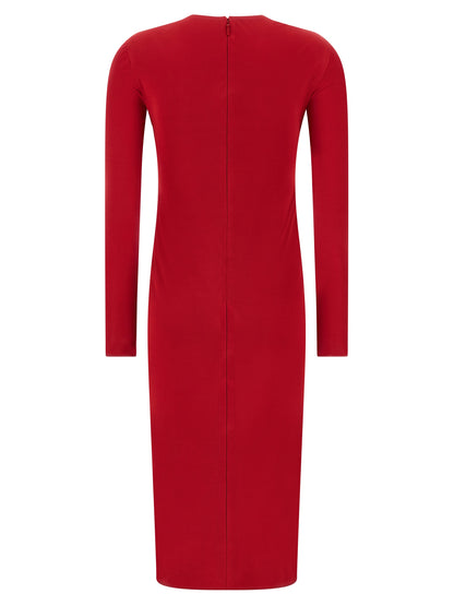 Dress by Versace for women in viscose multicolor & red features an eye catching silhouette with a sophisticated crew neckline, elegant , and a refined midi for a eye catching aesthetic.