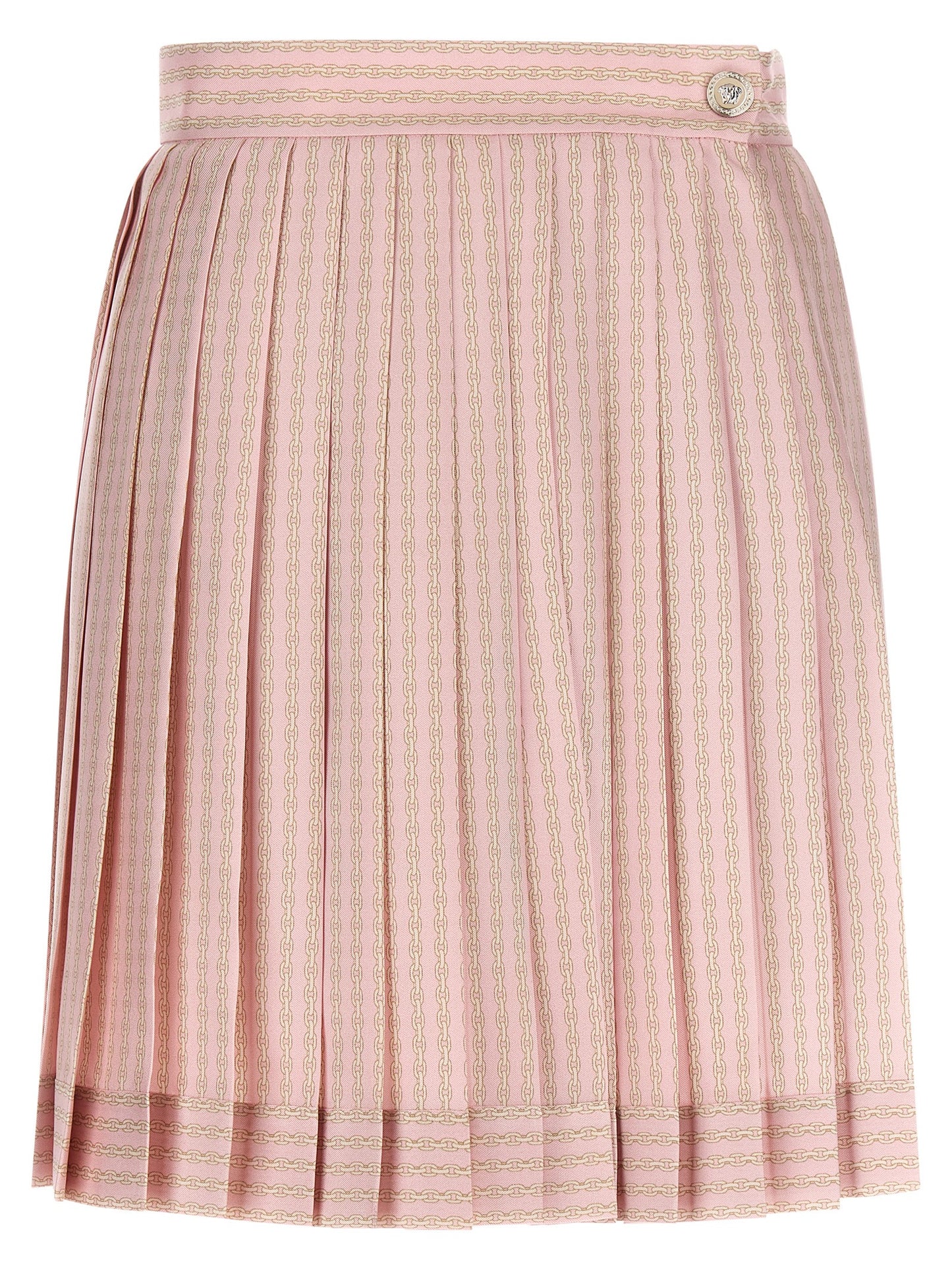 Skirt by Versace for women in silk twill multicolor, pink & print features a sublime silhouette, showcasing the sublime design of the Women's Silk Twill Mini Long Skirt in a sophisticated mini long.