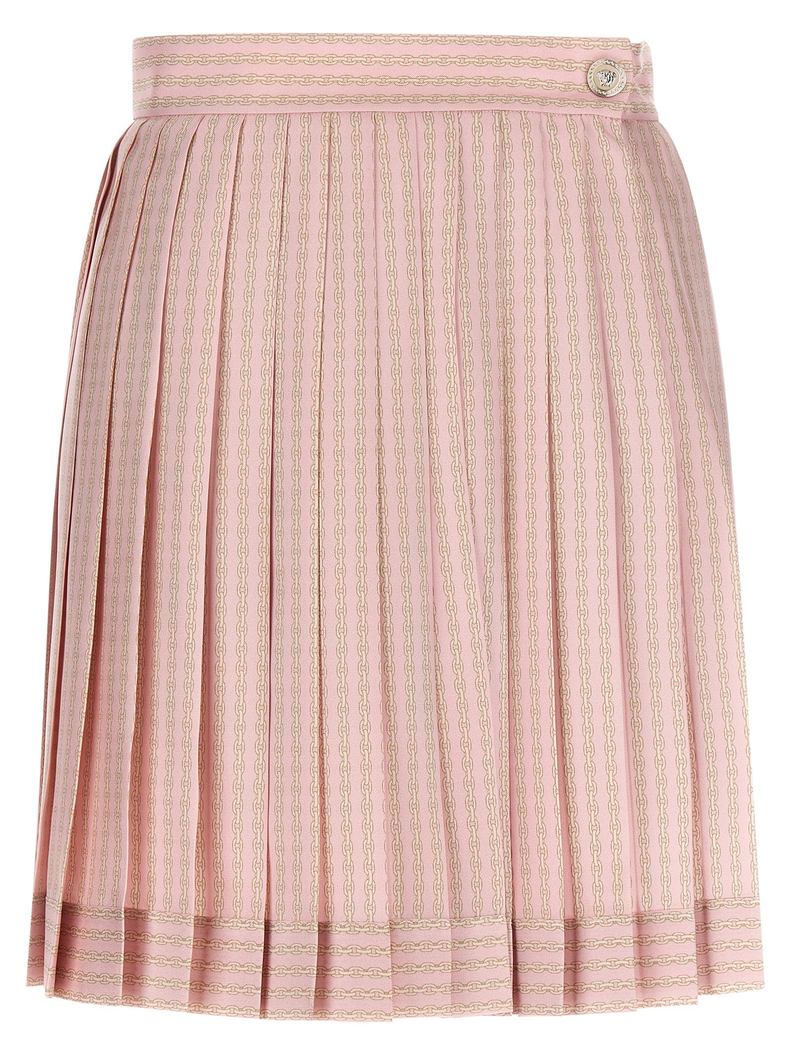Skirt by Versace for women in silk twill multicolor, pink & print features a sublime silhouette, showcasing the sublime design of the Women's Silk Twill Mini Long Skirt in a sophisticated mini long.