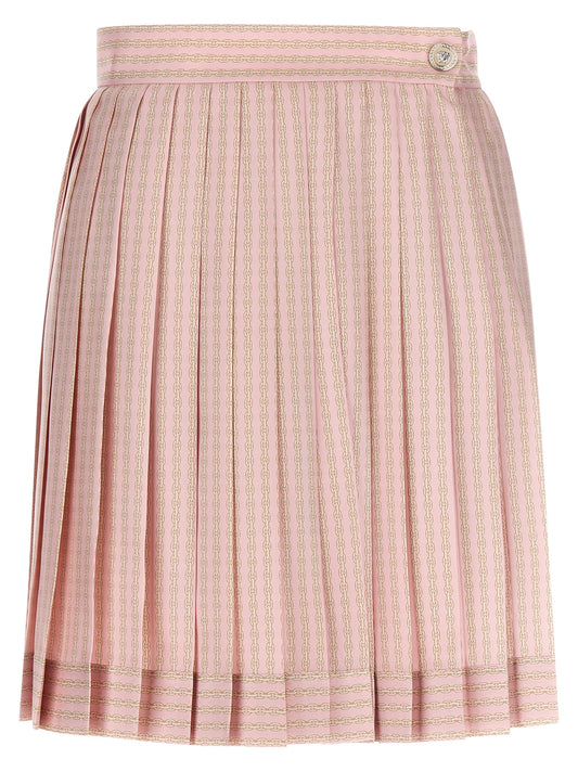 Skirt by Versace for women in silk twill multicolor, pink & print features a sublime silhouette, showcasing the sublime design of the Women's Silk Twill Mini Long Skirt in a sophisticated mini long.
