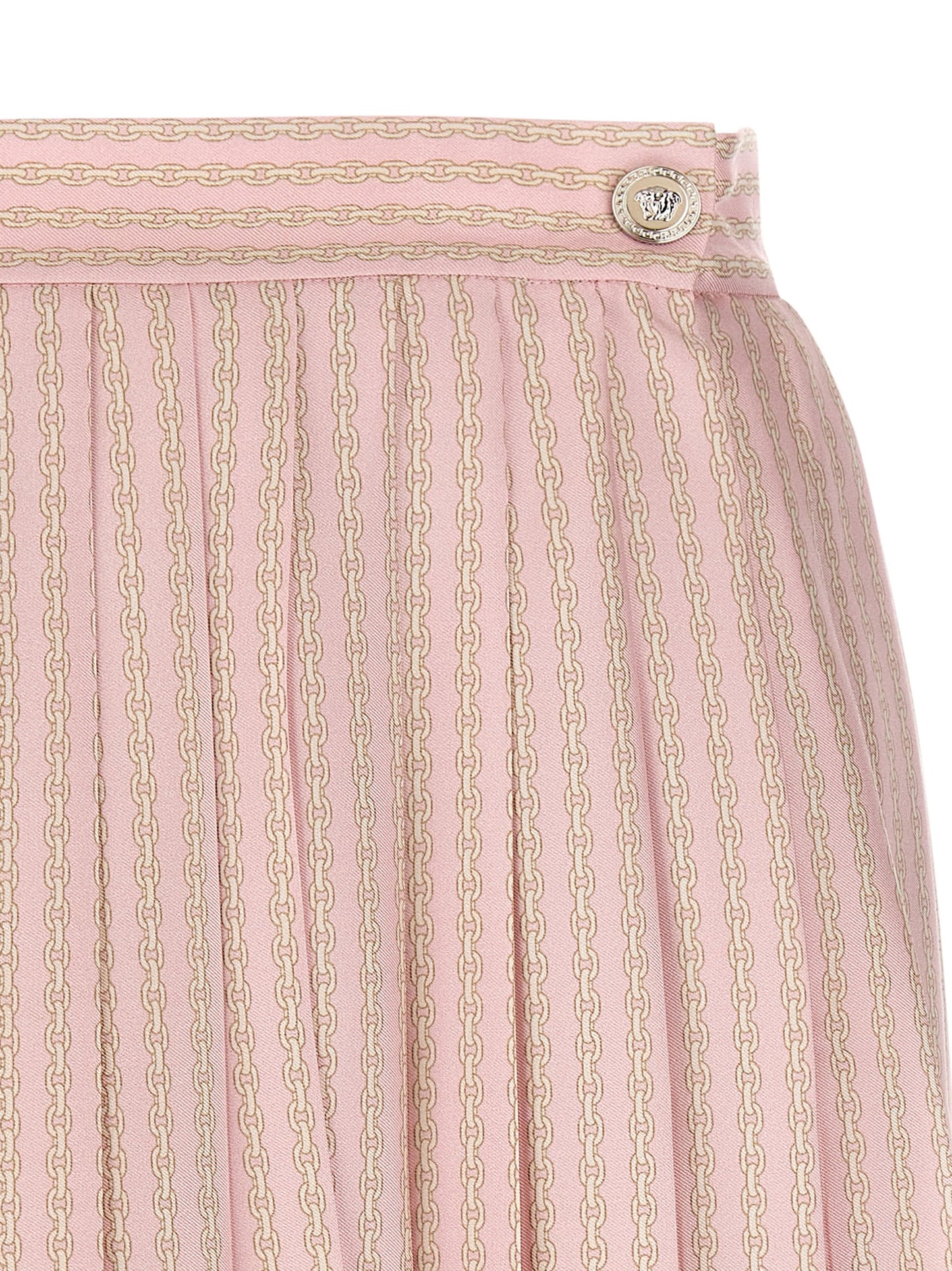 Skirt by Versace for women in silk twill multicolor, pink & print features an tailored silhouette, artfully capturing the essence of Women's Silk Twill Mini Long Skirt in a sophisticated mini long.