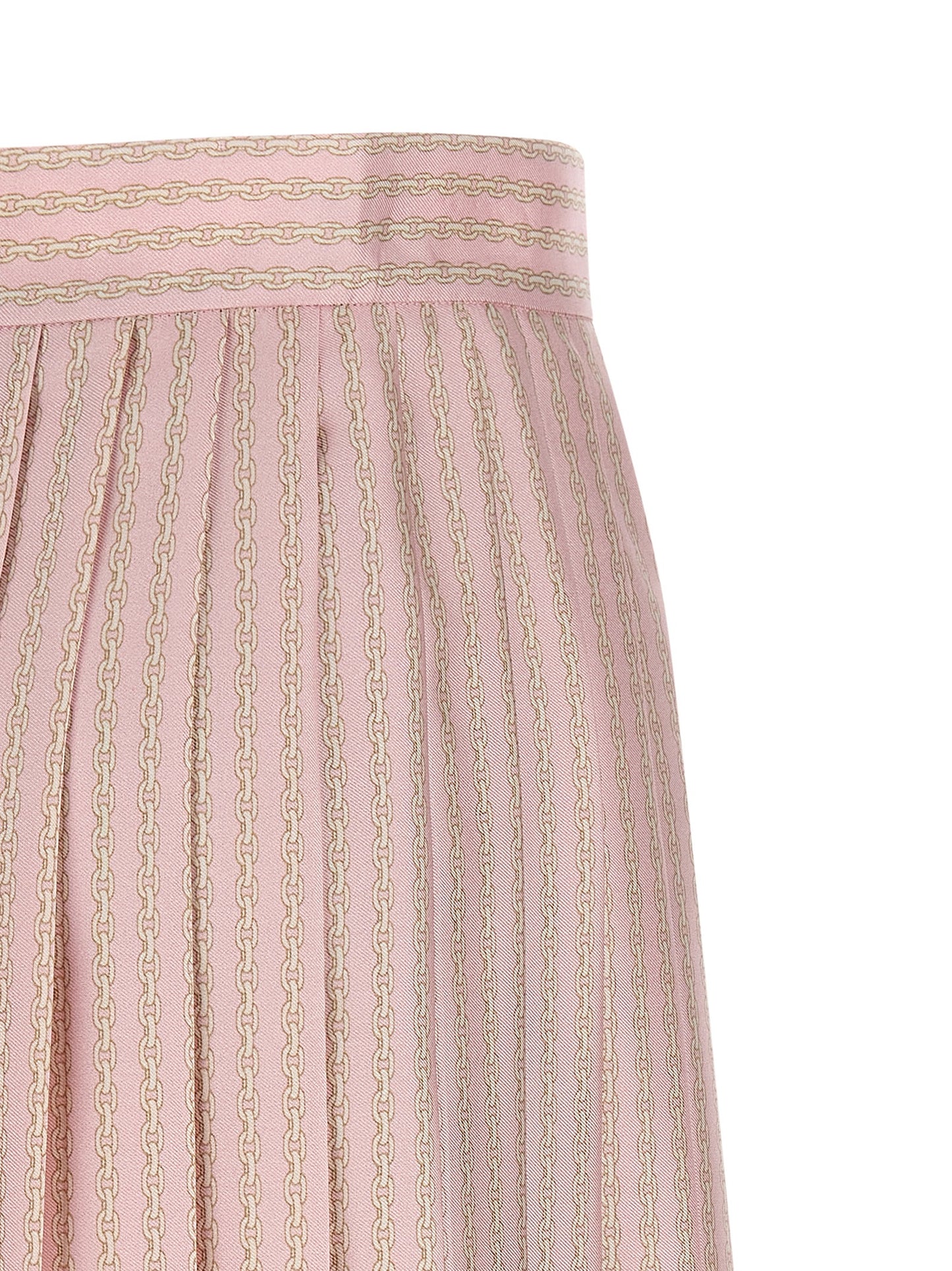 Skirt by Versace for women in silk twill multicolor, pink & print showcases a sultry silhouette, elegantly defined by its mini long and the sophisticated sultry design of the Women's Silk Twill Mini Long Skirt.