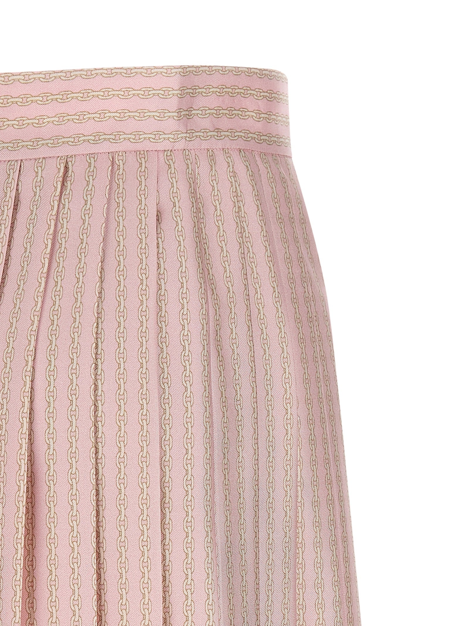 Skirt by Versace for women in silk twill multicolor, pink & print showcases a sultry silhouette, elegantly defined by its mini long and the sophisticated sultry design of the Women's Silk Twill Mini Long Skirt.