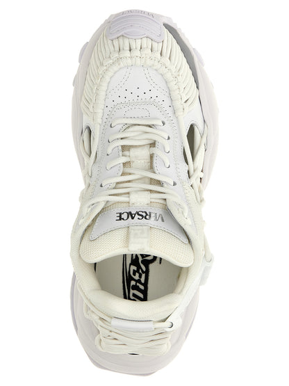 Athletic Sneakers by Versace for women in eva & bos taurus calfskin leather white & signature features an effortless chic silhouette, showcasing the signature athletic style of the Women's Athletic EVA & Bos Taurus Calfskin Leather Sneakers collection with a truly effortless chic finish.