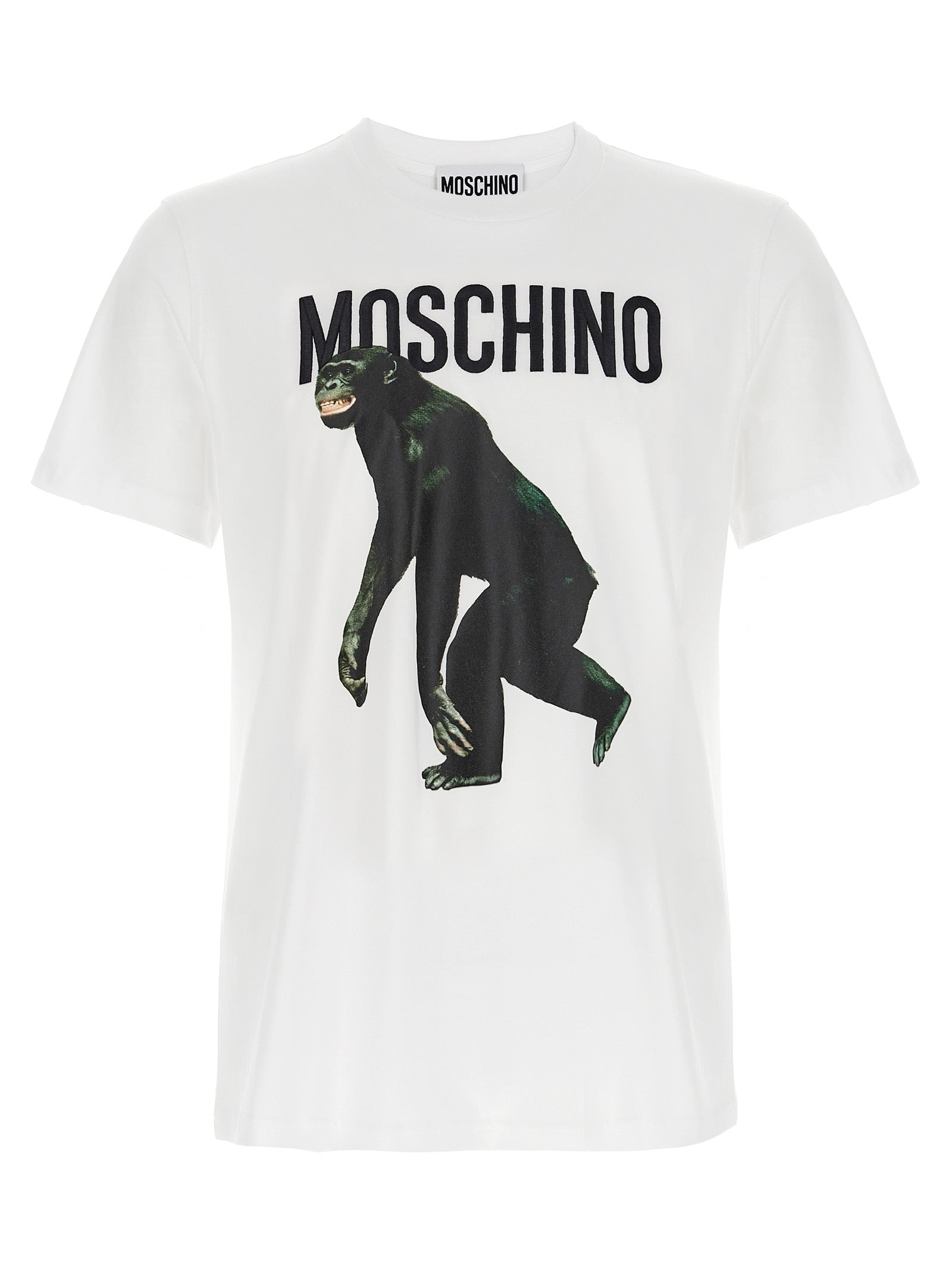 T-Shirt by Moschino for men in organic cotton white & print showcases a chic silhouette, artfully detailed with a chic crew neckline and short-sleeve for a chic finish.