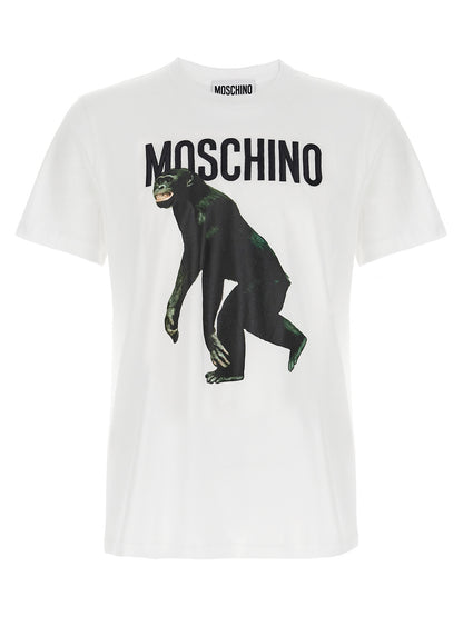 T-Shirt by Moschino for men in organic cotton white & print showcases a chic silhouette, artfully detailed with a chic crew neckline and short-sleeve for a chic finish.