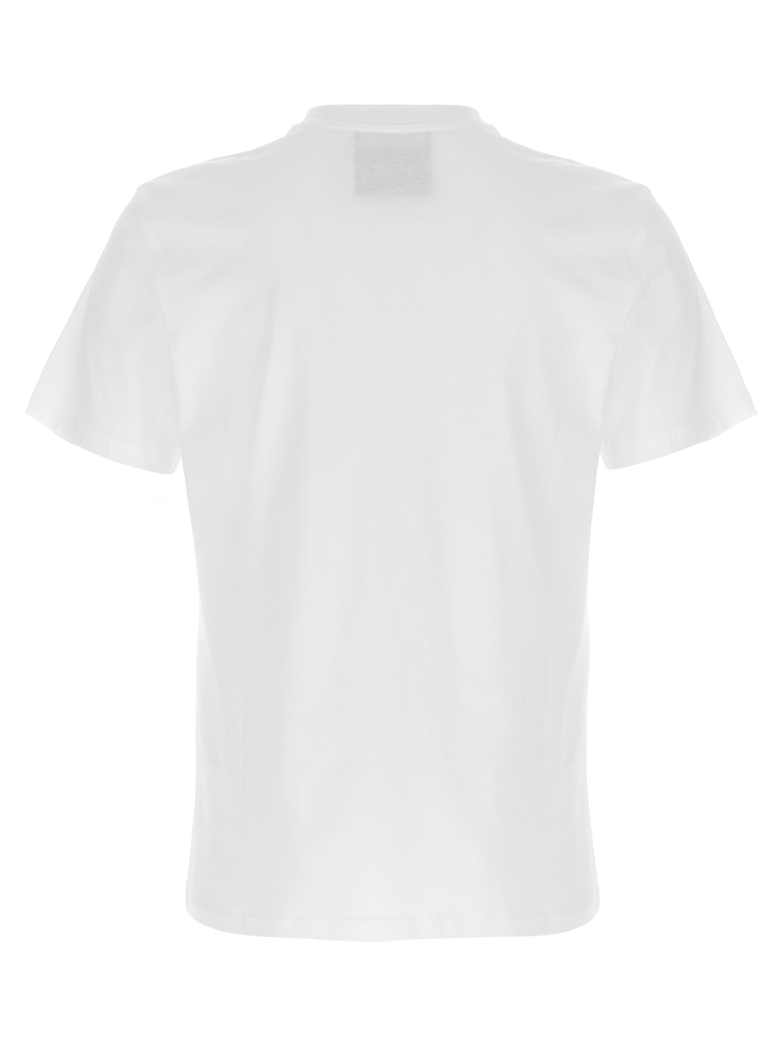T-Shirt by Moschino for men in organic cotton white & print showcases a unassuming silhouette, artfully detailed with a refined crew neckline and unassuming for a sophisticated, contemporary look.