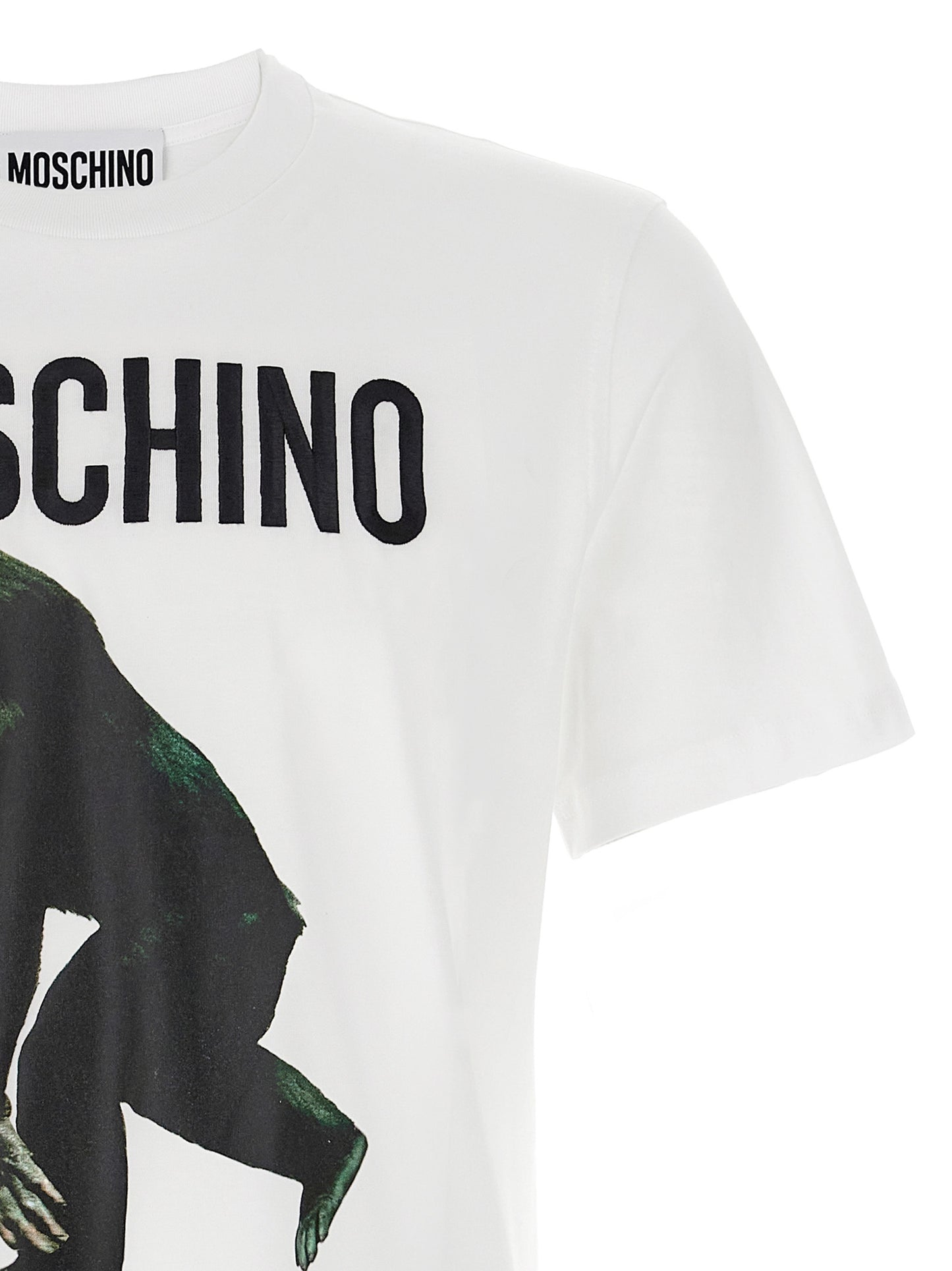 T-Shirt by Moschino for men in organic cotton white & print showcases a fashionable silhouette, elegantly detailed with a fashionable and for a sophisticated, high-fashion look.