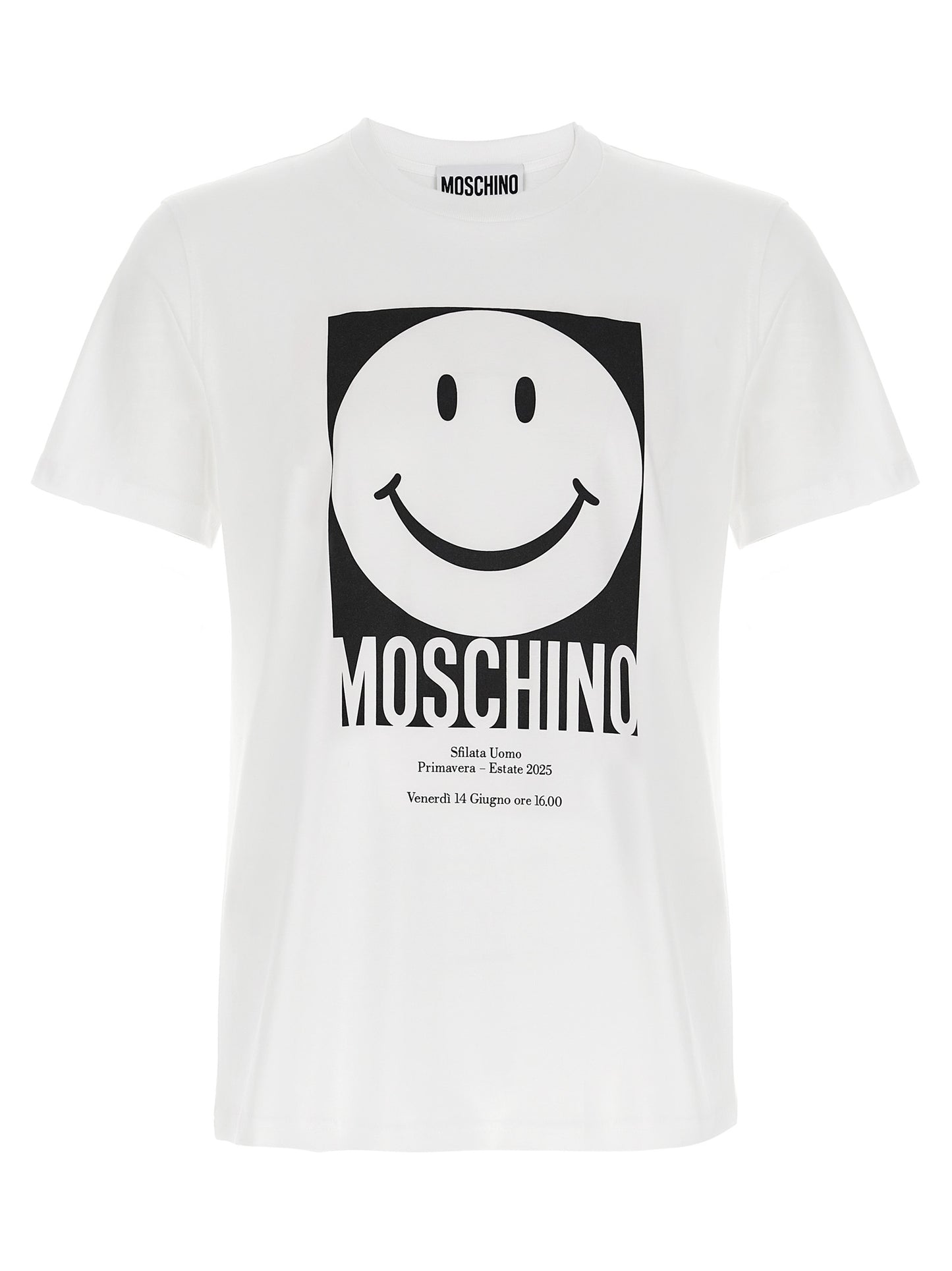 T-Shirt by Moschino for men in organic cotton white & print showcases a chic silhouette, artfully detailed with a chic crew neckline and short-sleeve for a chic finish.