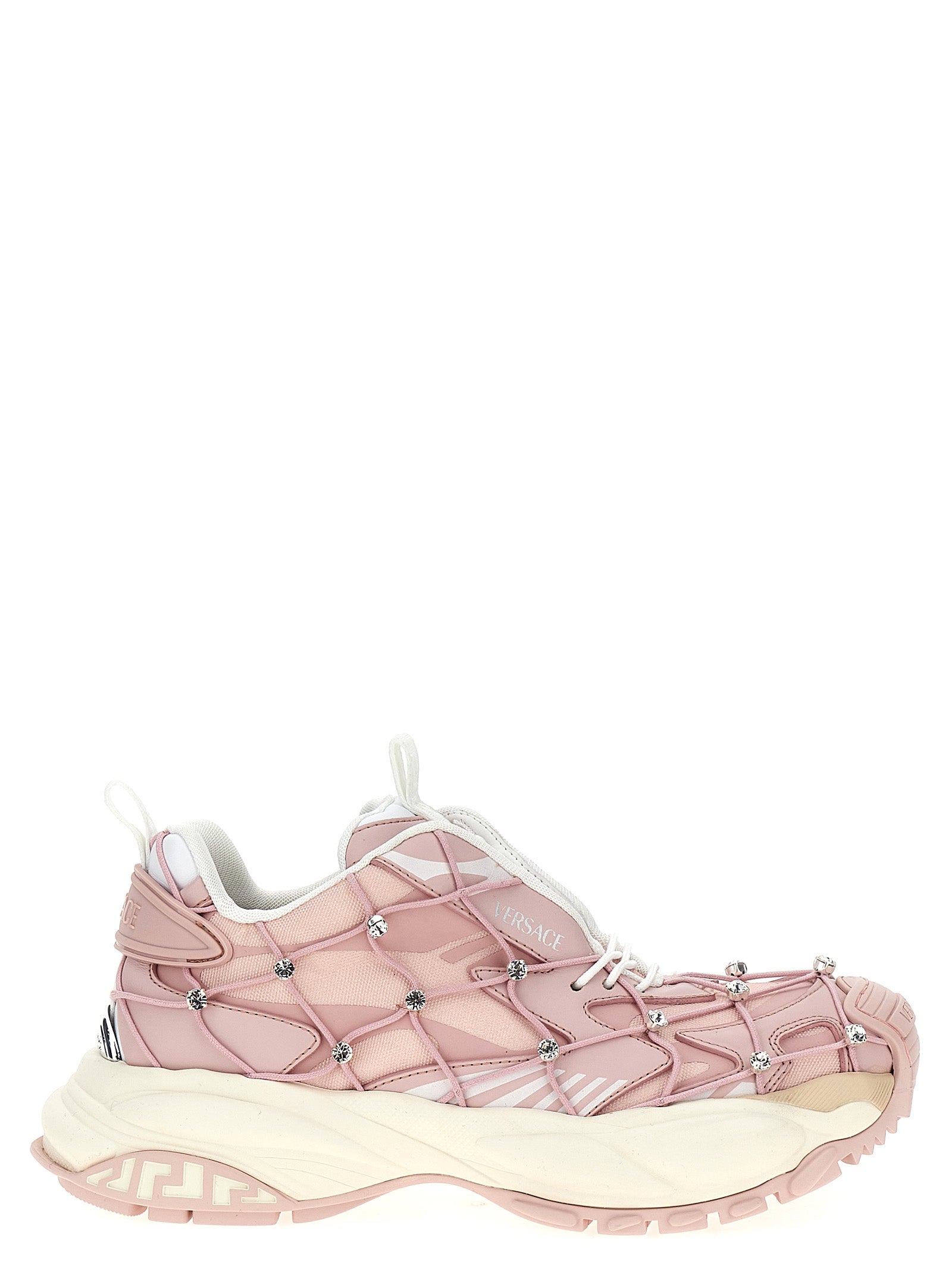 Athletic Sneakers by Versace for women in eva polyester & crystal multicolor & pink features an effortless chic silhouette, showcasing the signature athletic style of the Women's Athletic EVA Polyester & Crystal Sneakers collection with a truly effortless chic finish.