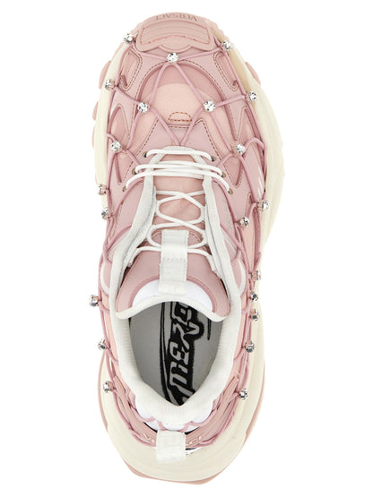 Athletic Sneakers by Versace for women in eva polyester & crystal multicolor & pink showcases an impeccable silhouette, defined by an impeccable athletic style design that perfectly captures the essence of the Women's Athletic EVA Polyester & Crystal Sneakers.