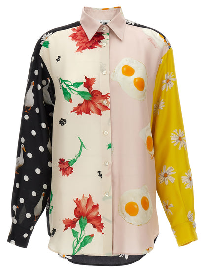 Blouse by Moschino for women in silk multicolor, print & patchwork features an architectural silhouette with a refined and elegant for a architectural look.