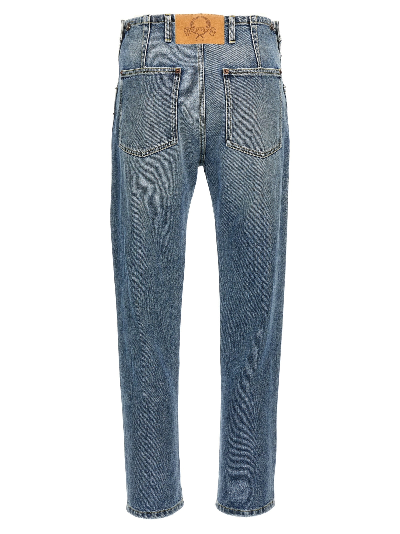 Jeans by Moschino for women in denim cotton blue & signature presents a tailored silhouette, showcasing a tailored straight-leg and long cut with a refined mid rise for a truly tailored aesthetic.