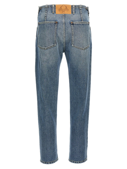 Jeans by Moschino for women in denim cotton blue & signature presents a tailored silhouette, showcasing a tailored straight-leg and long cut with a refined mid rise for a truly tailored aesthetic.