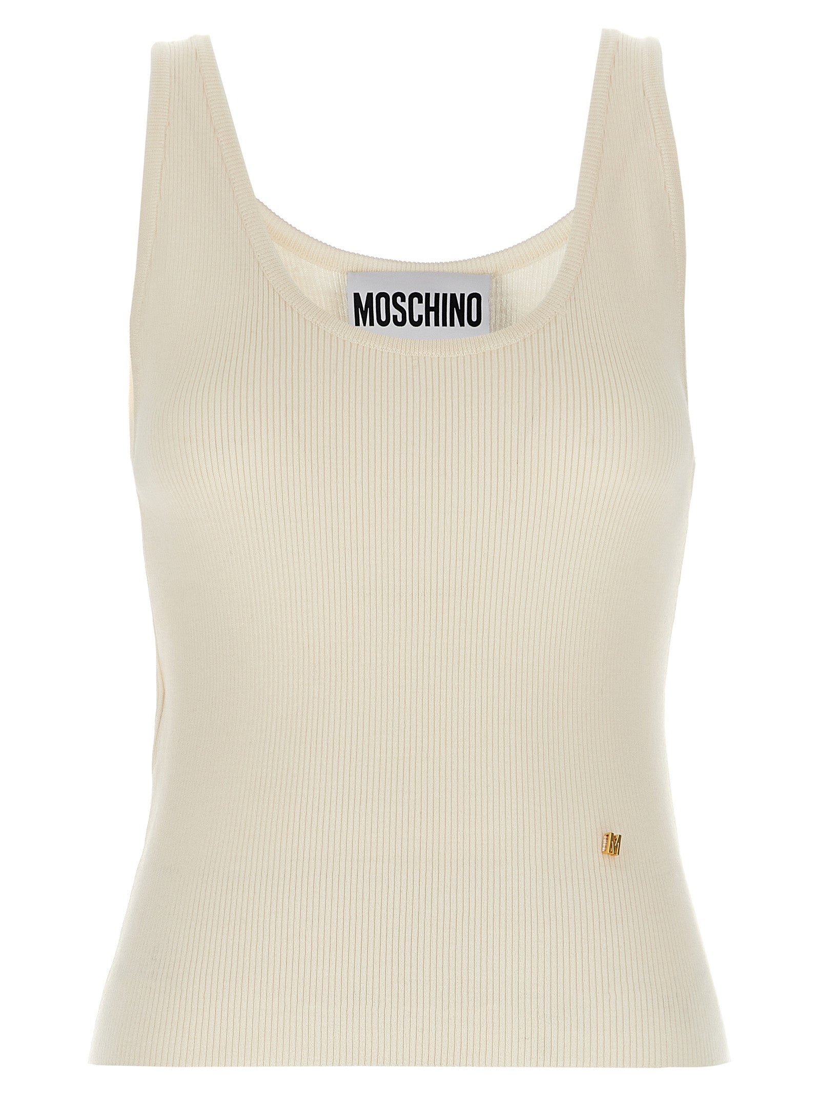 T-Shirt by Moschino for women in virgin wool & silk white features an edgy silhouette, meticulously detailed with a sophisticated sleeveless and round neckline for a truly edgy finish.