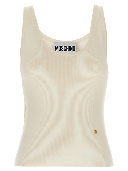 T-Shirt by Moschino for women in virgin wool & silk white features an edgy silhouette, meticulously detailed with a sophisticated sleeveless and round neckline for a truly edgy finish.