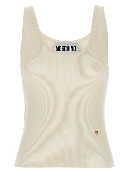 T-Shirt by Moschino for women in virgin wool & silk white features an edgy silhouette, meticulously detailed with a sophisticated sleeveless and round neckline for a truly edgy finish.