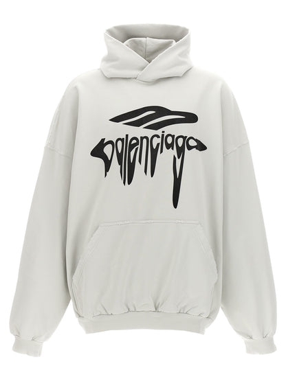 Sweatshirt Hoodie by Balenciaga for women in cotton white & print showcases a city-ready silhouette, artfully detailed with a signature hooded neckline and for a city-ready finish.
