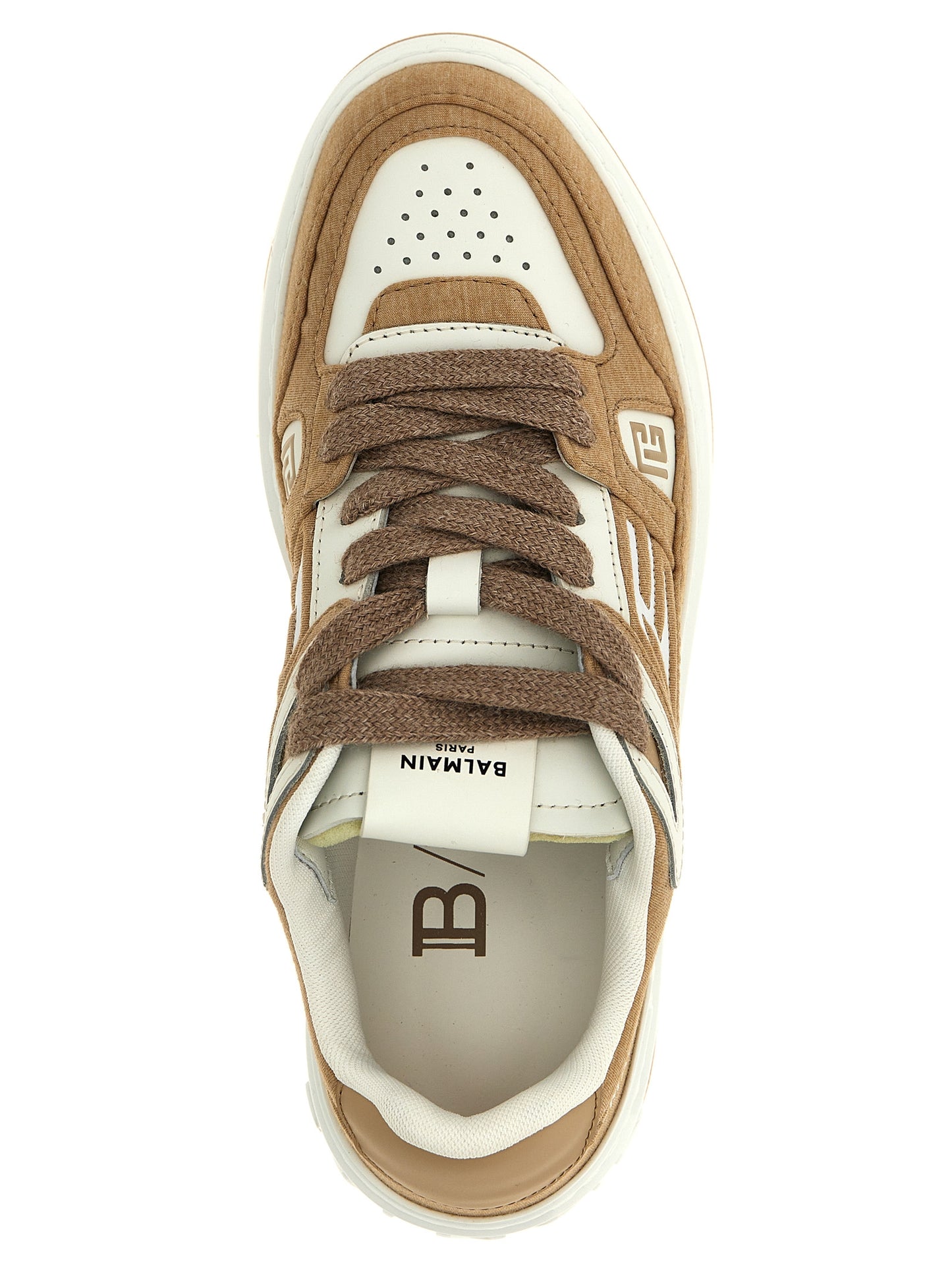 Sneakers by Balmain for women in polyester polyurethane & calf leather beige features a chic design, perfectly showcasing the chic low-top style of this Women's Low Top Polyester Polyurethane & Calf Leather Sneakers.