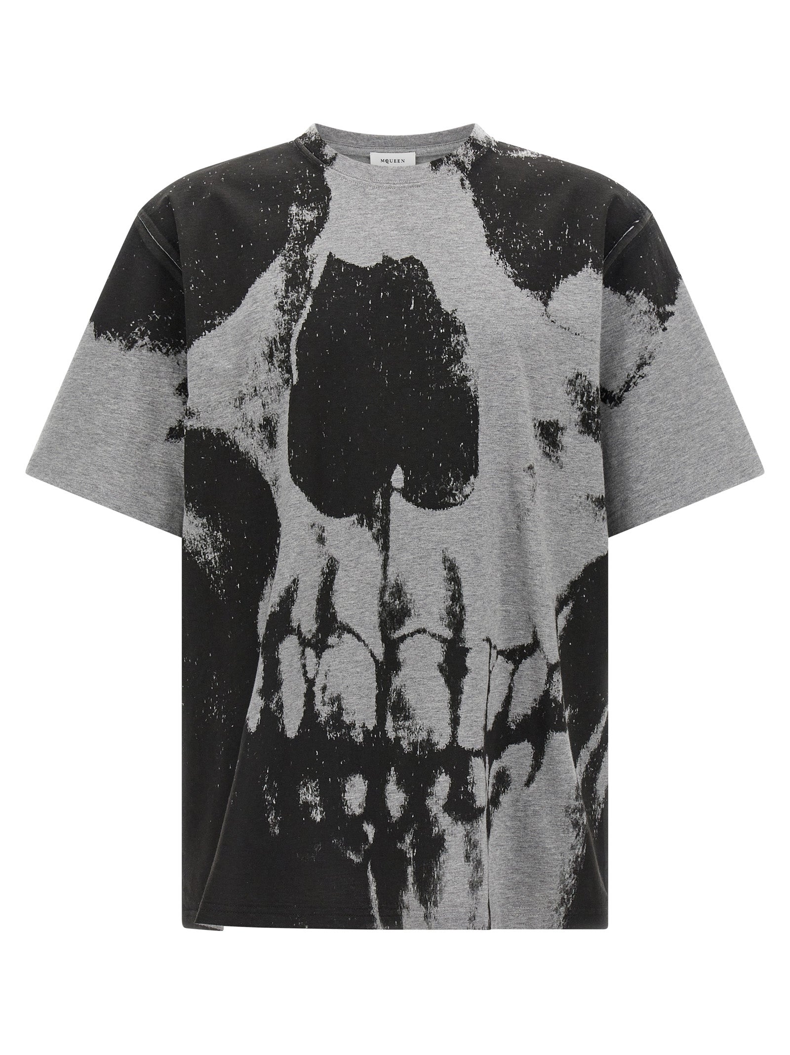 T-Shirt by Alexander McQueen for men in cotton gray & print showcases a fashionable silhouette, elegantly detailed with a fashionable short-sleeve and crew neckline for a sophisticated, high-fashion look.