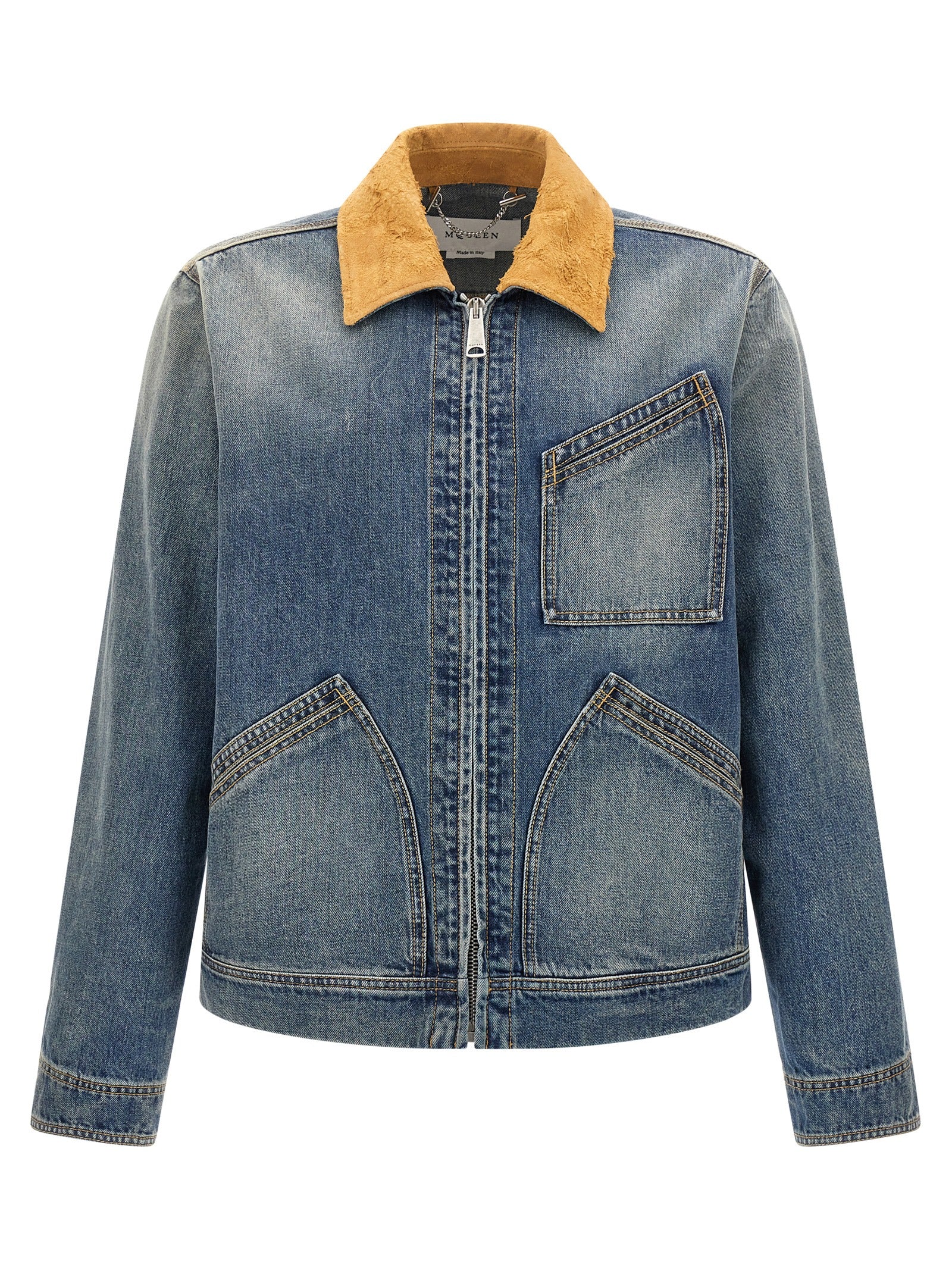 Trucker Jacket by Alexander McQueen for men in denim cotton & suede leather blue features an on trend silhouette, showcasing refined pockets and a sophisticated for a truly on trend finish.