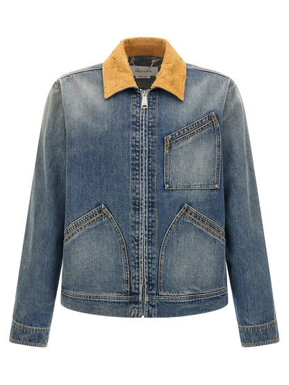 Trucker Jacket by Alexander McQueen for men in denim cotton & suede leather blue features an on trend silhouette, showcasing refined pockets and a sophisticated for a truly on trend finish.