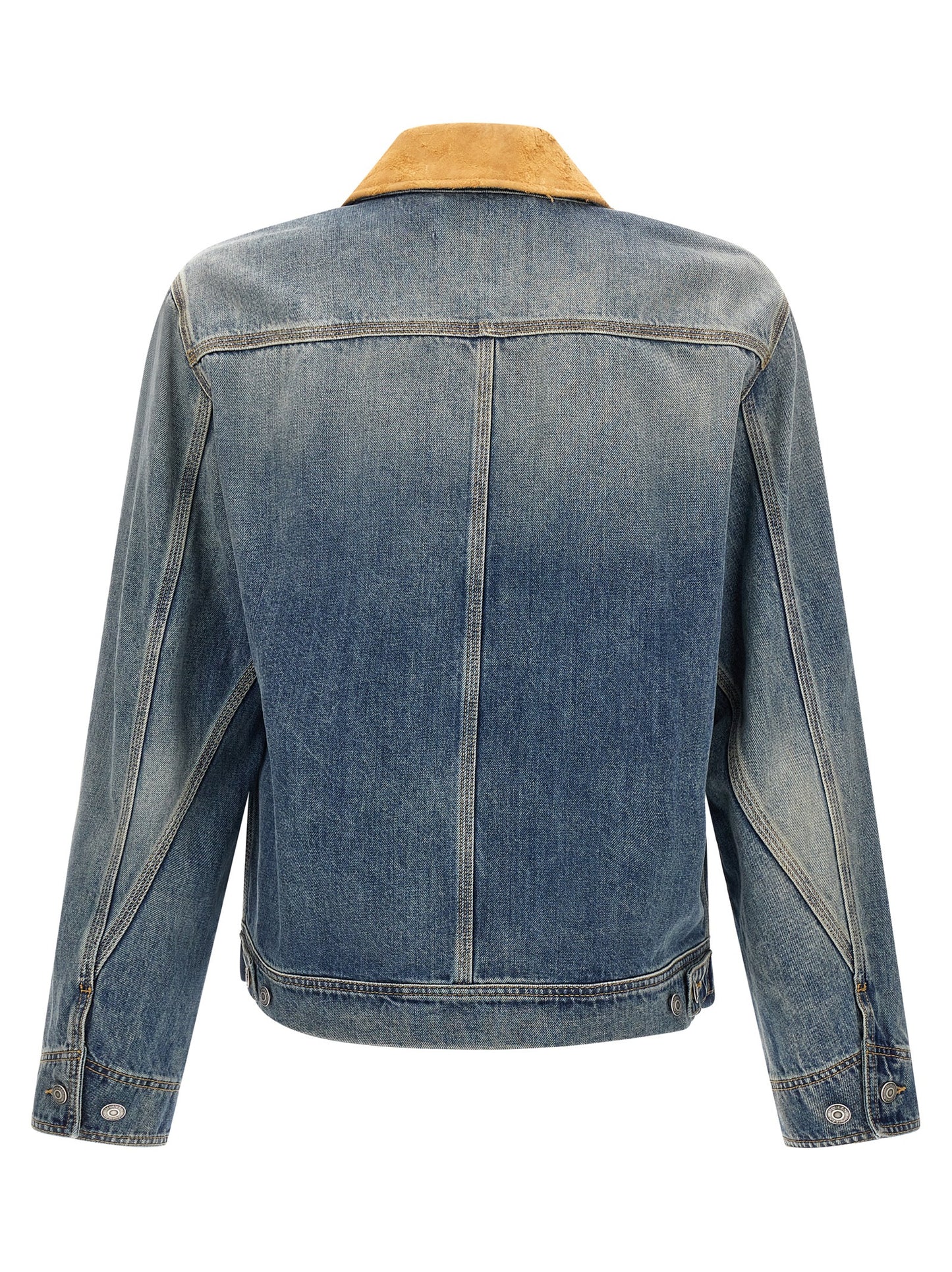 Trucker Jacket by Alexander McQueen for men in denim cotton & suede leather blue features a city-ready silhouette, detailed with pockets and a city-ready .