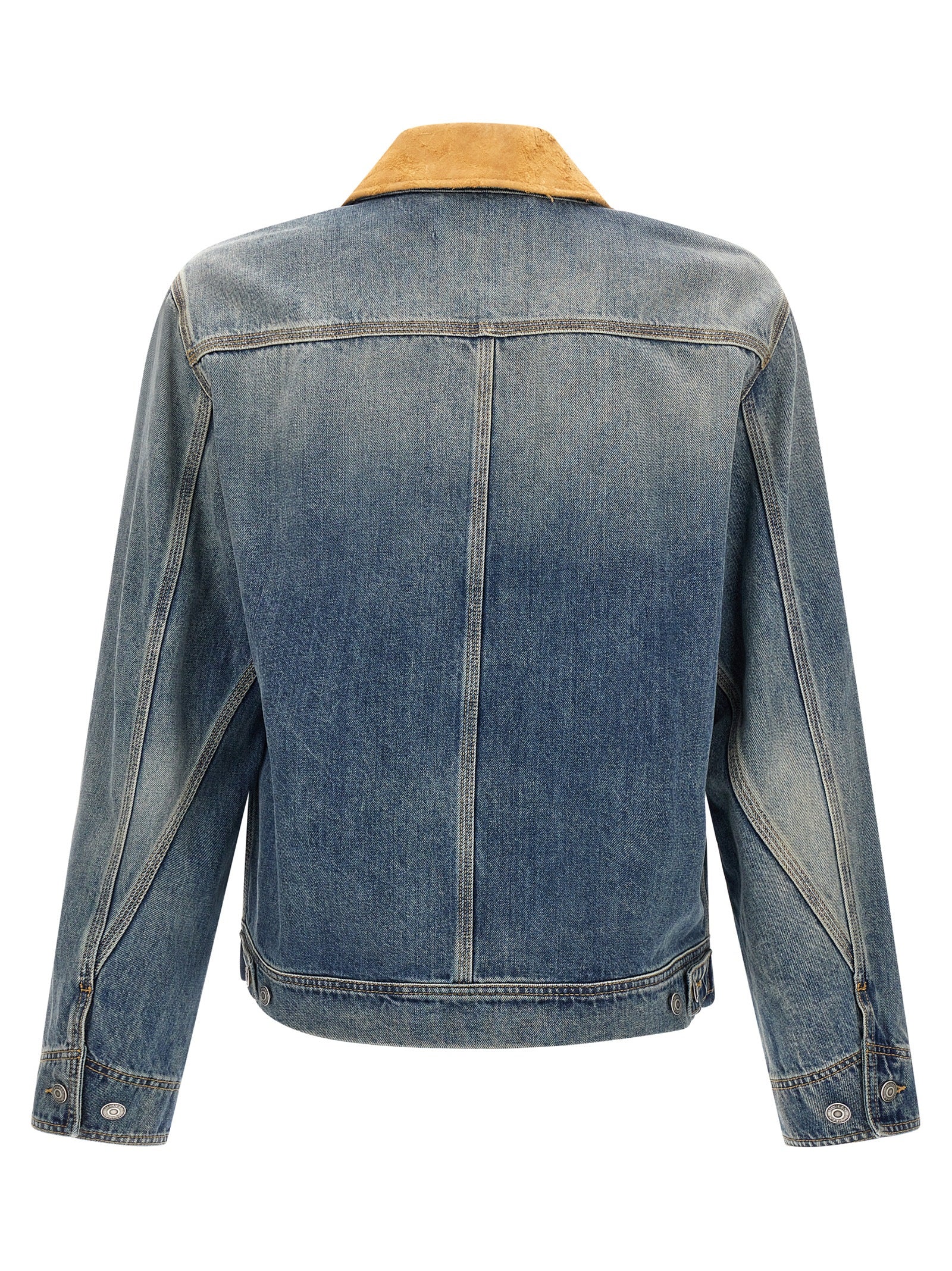 Trucker Jacket by Alexander McQueen for men in denim cotton & suede leather blue features a city-ready silhouette, detailed with pockets and a city-ready .