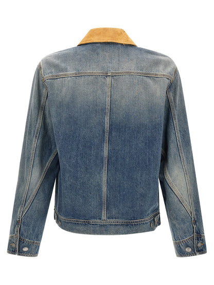 Trucker Jacket by Alexander McQueen for men in denim cotton & suede leather blue features a city-ready silhouette, detailed with pockets and a city-ready .
