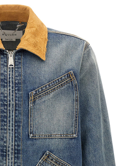 Trucker Jacket by Alexander McQueen for men in denim cotton & suede leather blue features a dramatic silhouette, showcasing a sophisticated and distinctive pockets for a dramatic aesthetic.