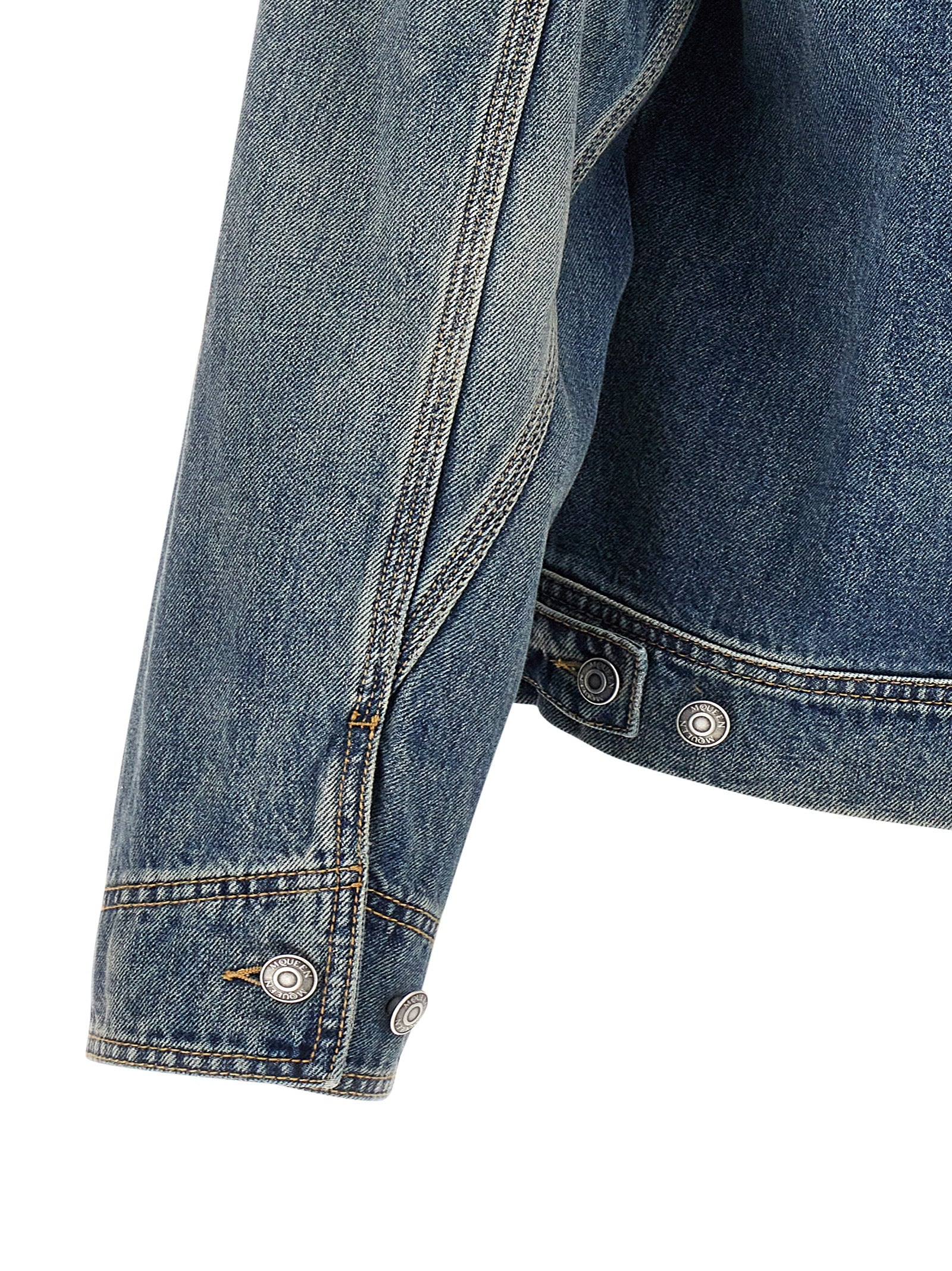 Trucker Jacket by Alexander McQueen for men in denim cotton & suede leather blue features an contemporary silhouette, showcasing a sophisticated and contemporary pockets for a truly refined look.
