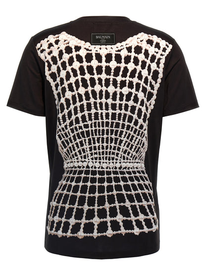 T-Shirt by Balmain for women in organic cotton black showcases a dramatic silhouette, elegantly detailed with a dramatic crew neckline and for a truly dramatic finish.