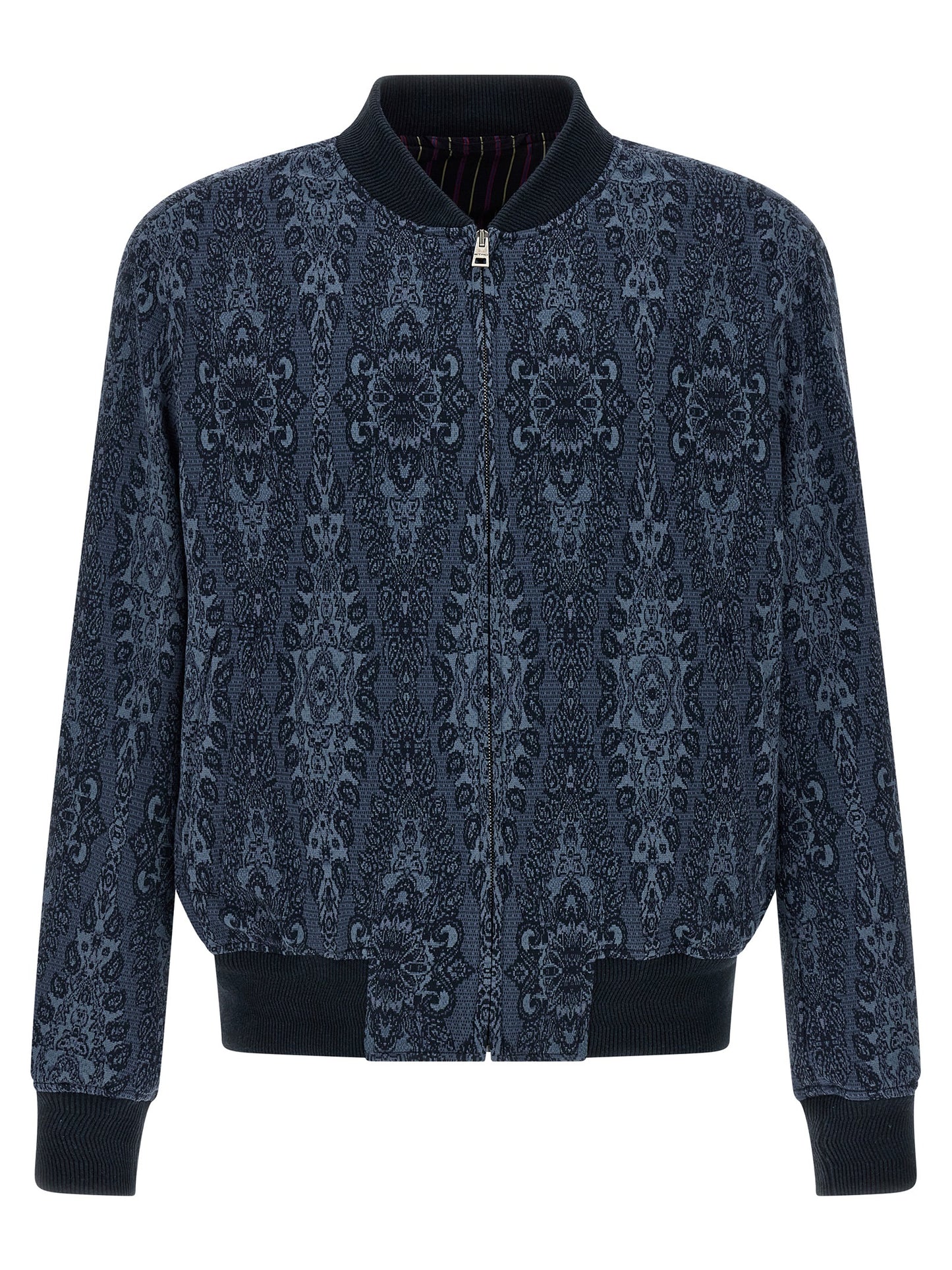 Bomber Jacket by Etro for men in polyamide polyester viscose & cotton blue & jacquard showcases a bohemian silhouette, artfully detailed with a bohemian and signature pockets for a truly bohemian finish.
