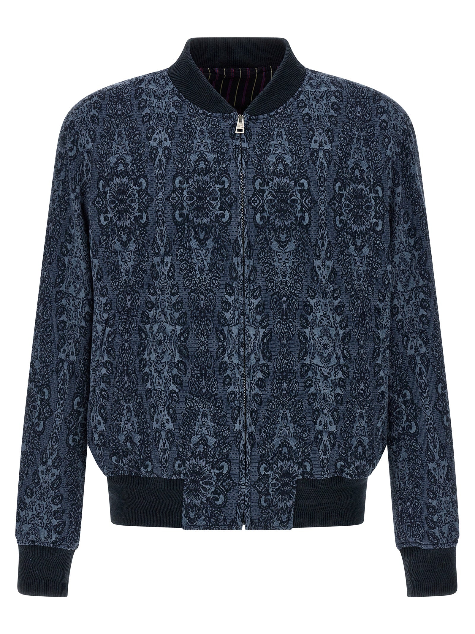 Bomber Jacket by Etro for men in polyamide polyester viscose & cotton blue & jacquard showcases a bohemian silhouette, artfully detailed with a bohemian and signature pockets for a truly bohemian finish.
