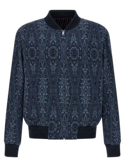 Bomber Jacket by Etro for men in polyamide polyester viscose & cotton blue & jacquard showcases a bohemian silhouette, artfully detailed with a bohemian and signature pockets for a truly bohemian finish.