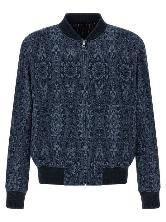 Bomber Jacket by Etro for men in polyamide polyester viscose & cotton blue & jacquard showcases a bohemian silhouette, artfully detailed with a bohemian and signature pockets for a truly bohemian finish.