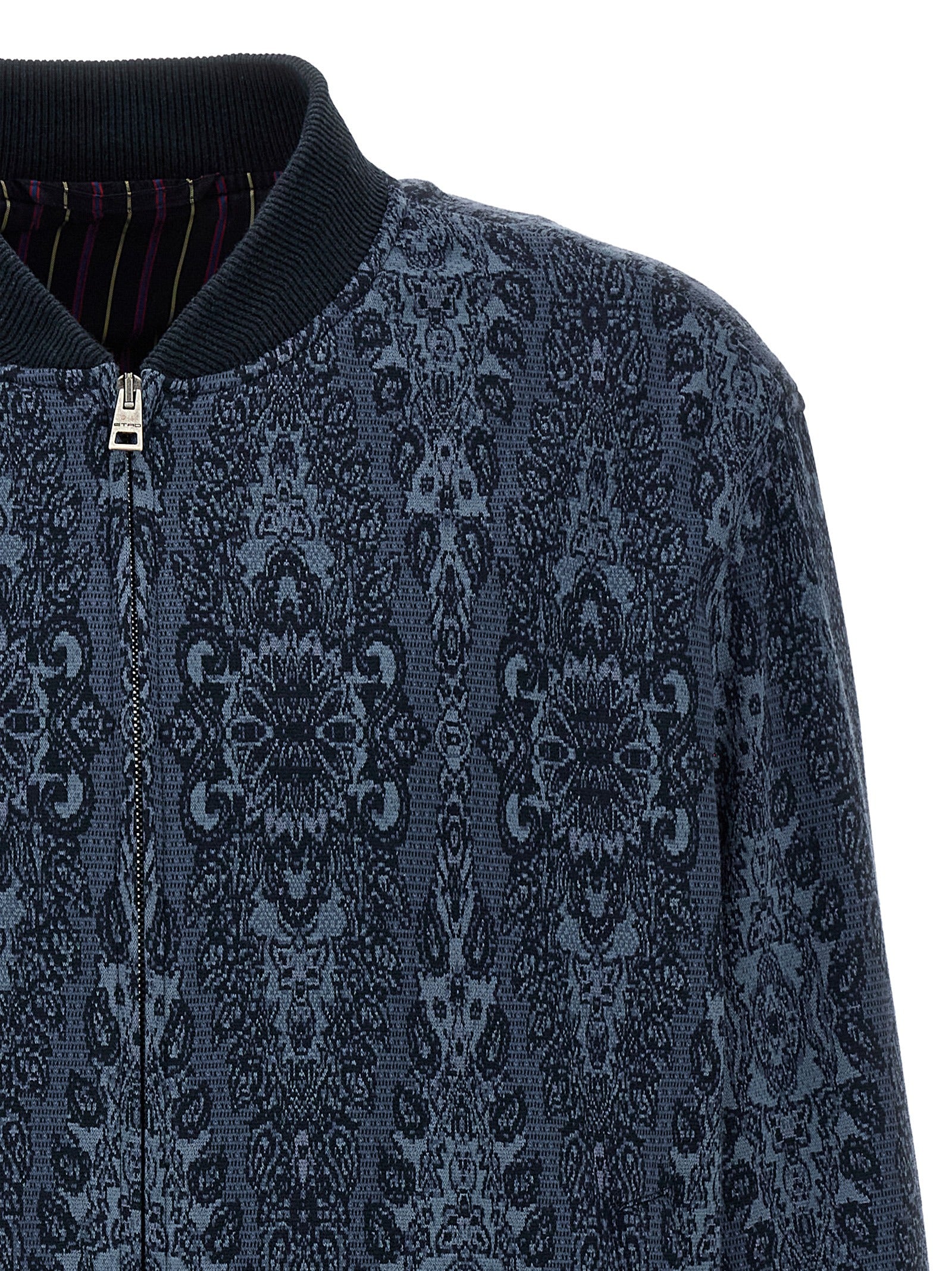 Bomber Jacket by Etro for men in polyamide polyester viscose & cotton blue & jacquard features a city-ready silhouette, detailed with pockets and a city-ready .
