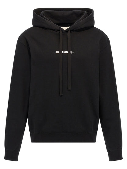 Sweatshirt Hoodie by Jil Sander for men in cotton black & print showcases a city-ready silhouette, artfully detailed with a signature hooded neckline and for a city-ready finish.