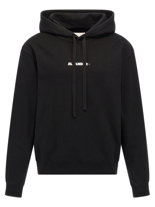 Sweatshirt Hoodie by Jil Sander for men in cotton black & print showcases a city-ready silhouette, artfully detailed with a signature hooded neckline and for a city-ready finish.