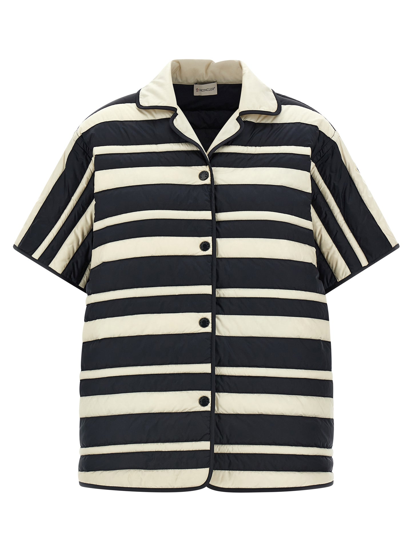 Blouse by Moncler for women in polyamide multicolor showcases a sleek silhouette, elegantly detailed with a sleek v-neck neckline and short-sleeve for a sleek finish.