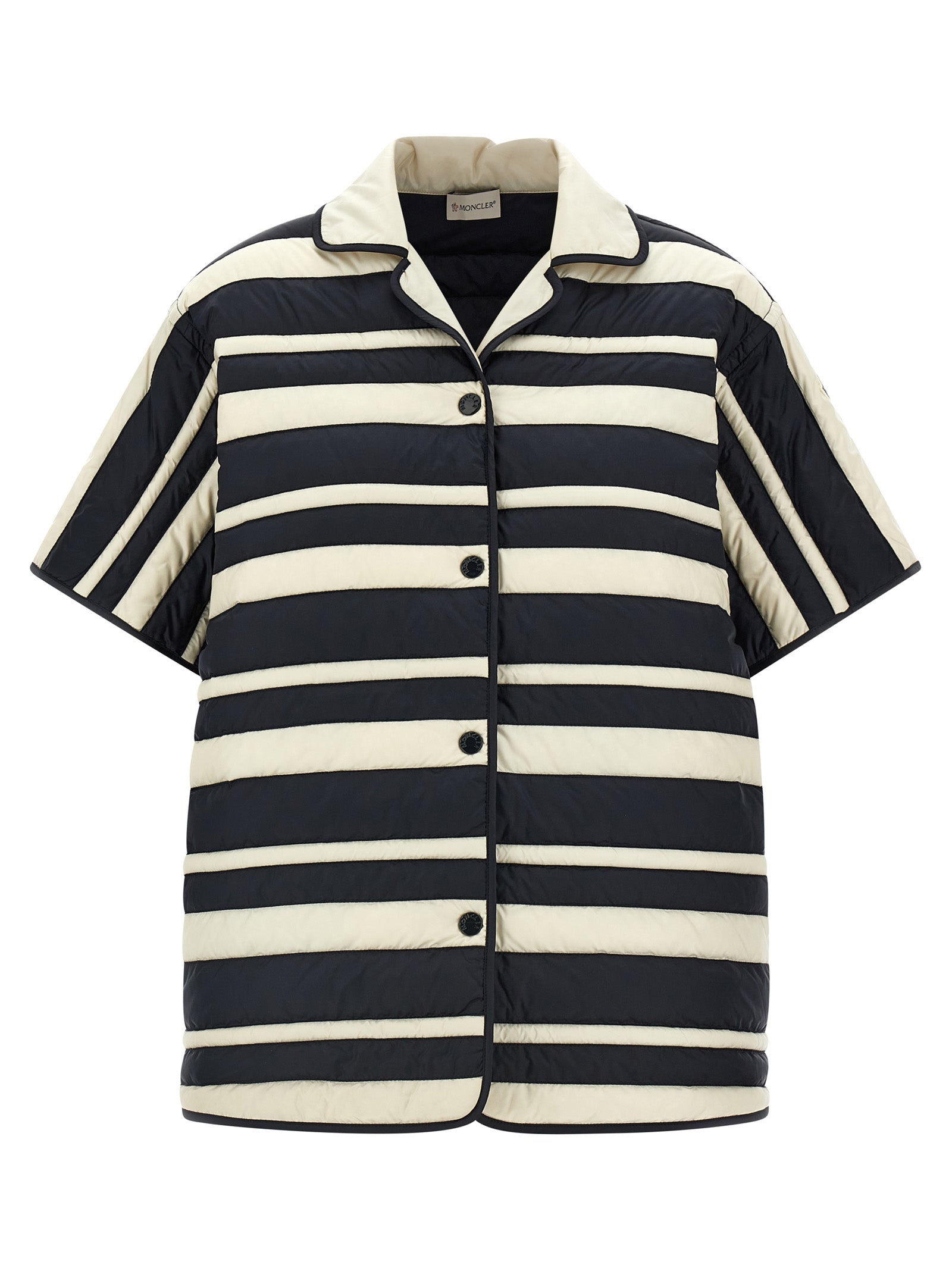 Blouse by Moncler for women in polyamide multicolor showcases a sleek silhouette, elegantly detailed with a sleek v-neck neckline and short-sleeve for a sleek finish.