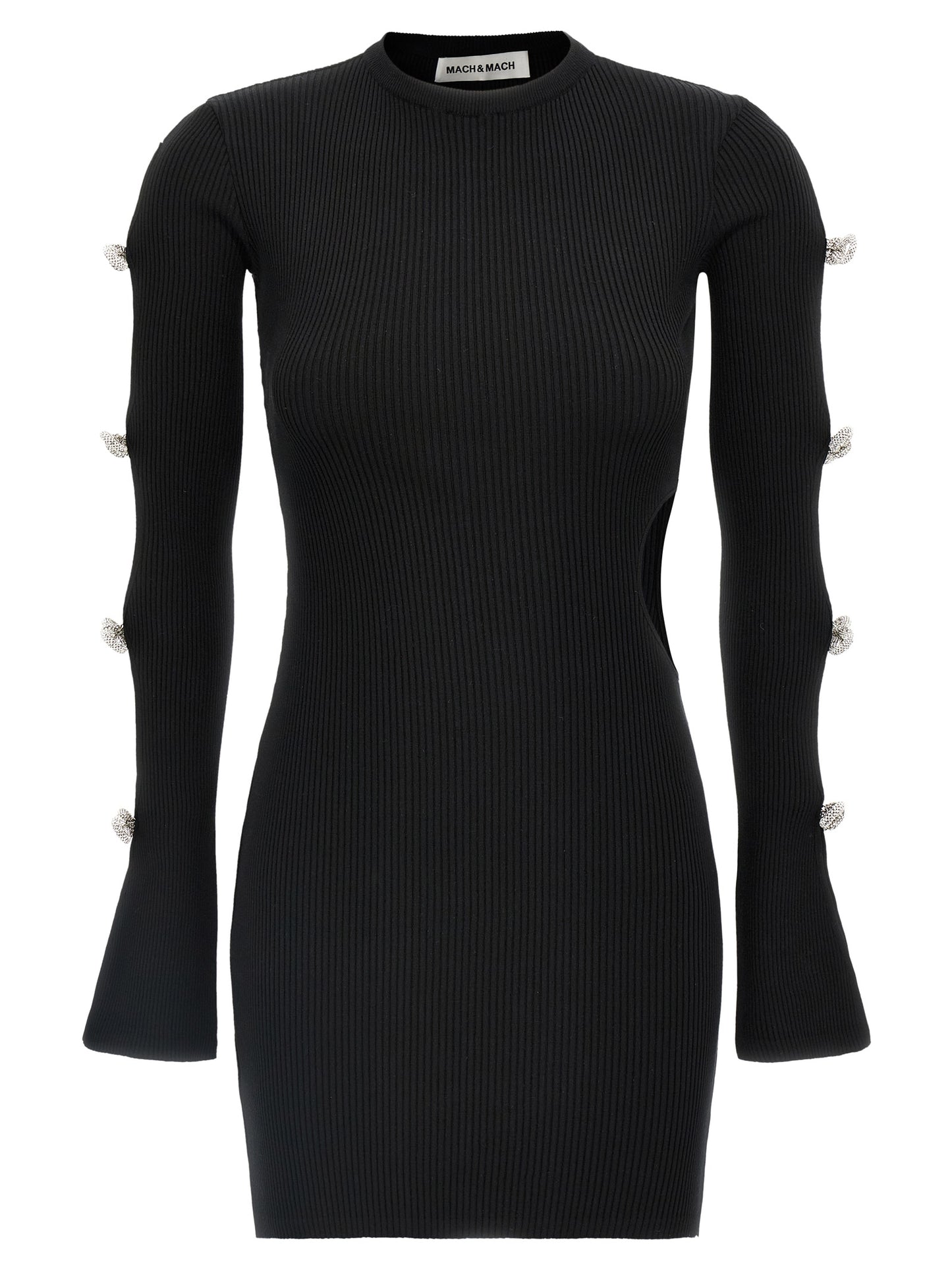 Dress by MACH & MACH for women in viscose polyester & rhinestone black features a dramatic silhouette, showcasing an elegant crew neckline and long-sleeve that flows into a dramatic short mini.