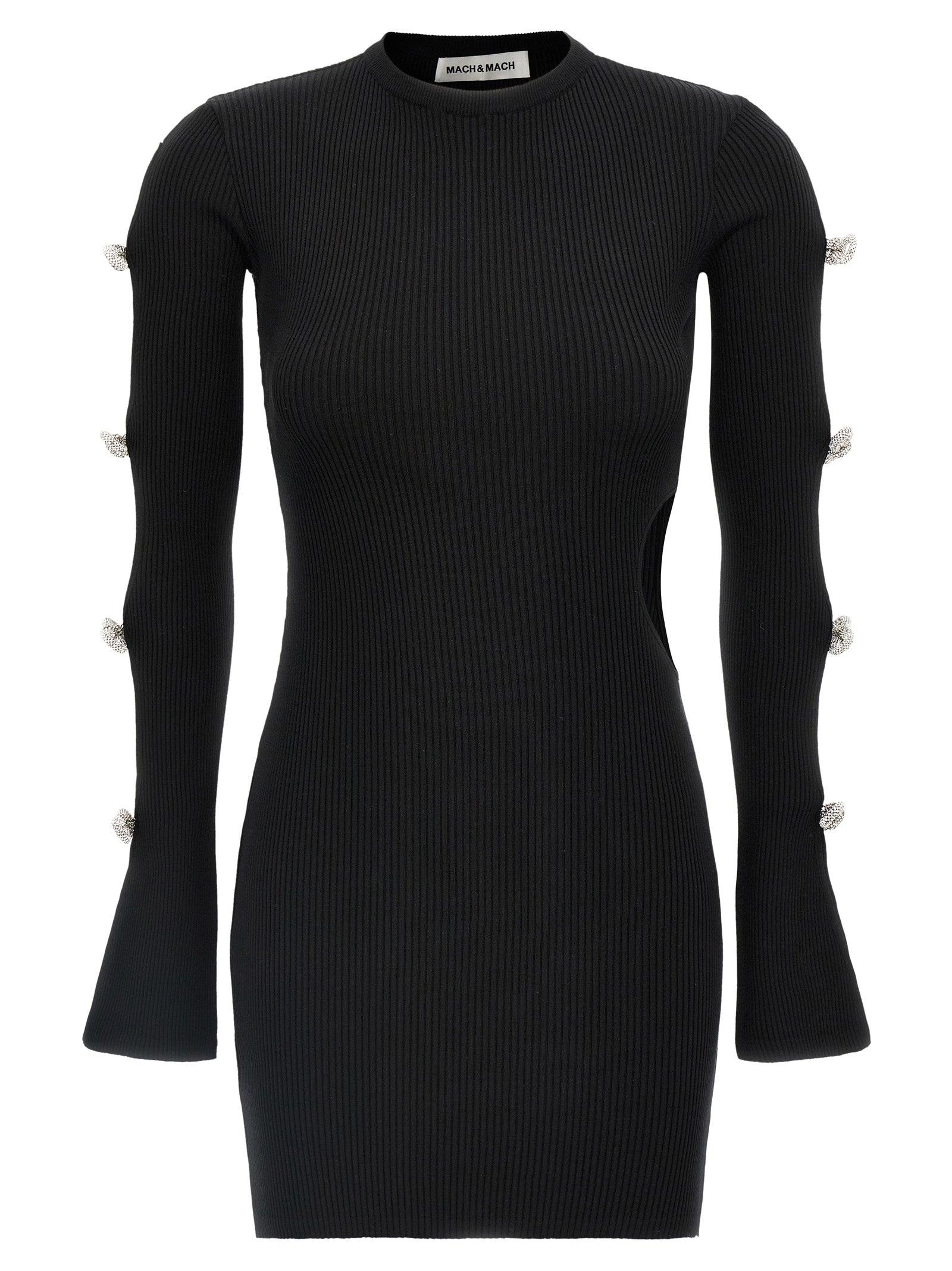 Dress by MACH & MACH for women in viscose polyester & rhinestone black features a dramatic silhouette, showcasing an elegant crew neckline and long-sleeve that flows into a dramatic short mini.