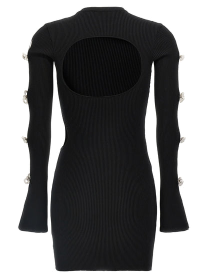 Dress by MACH & MACH for women in viscose polyester & rhinestone black features an sultry silhouette defined by a crew neckline and , falling to an sultry short mini for a sultry look.