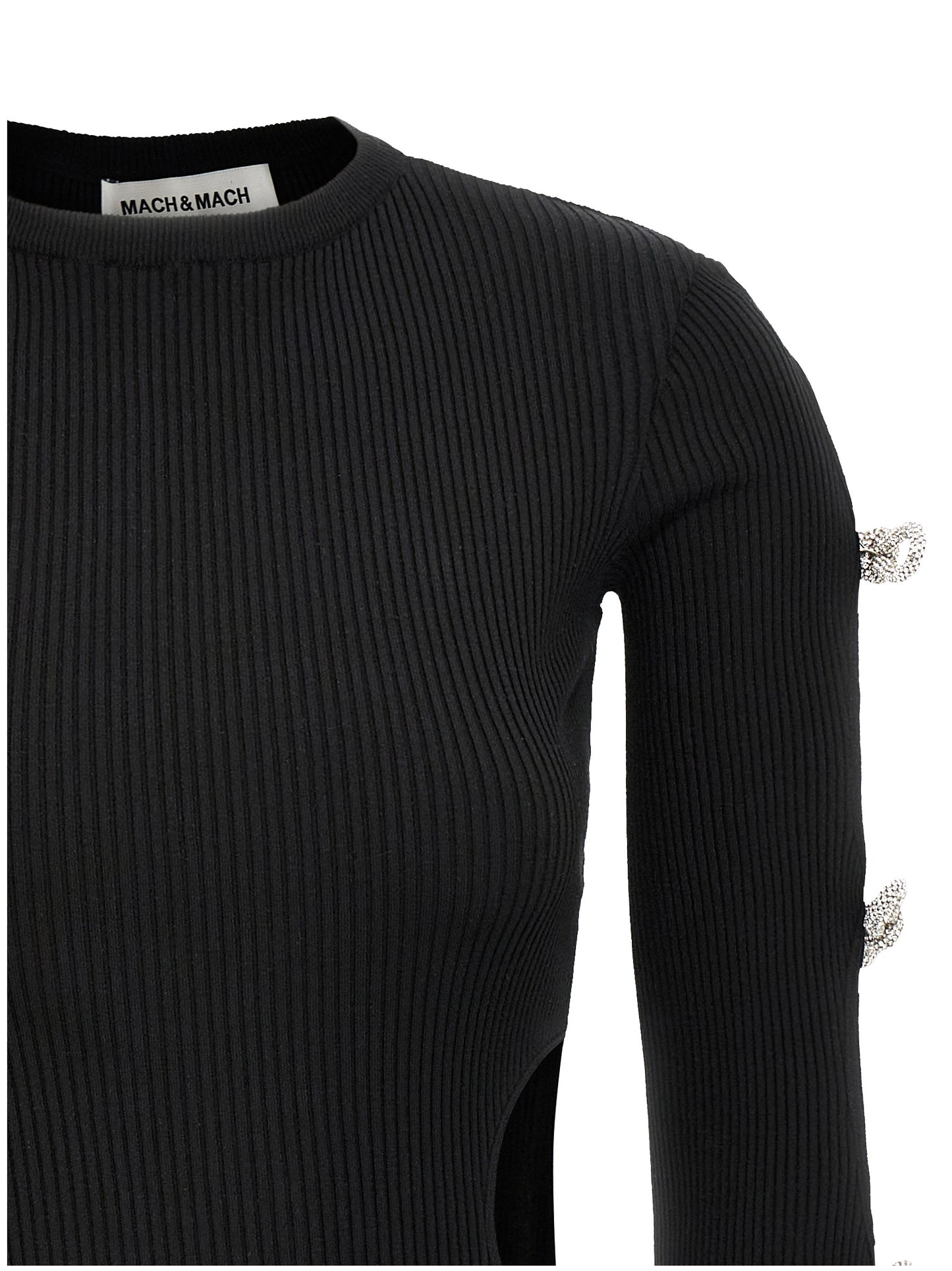 Dress by MACH & MACH for women in viscose polyester & rhinestone black presents a sinuous silhouette, showcasing a sophisticated crew neckline and detailed with a sinuous short mini for a refined finish.