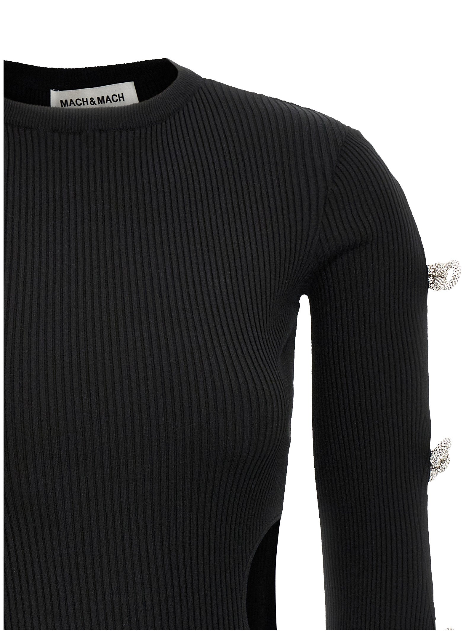 Dress by MACH & MACH for women in viscose polyester & rhinestone black presents a sinuous silhouette, showcasing a sophisticated crew neckline and detailed with a sinuous short mini for a refined finish.