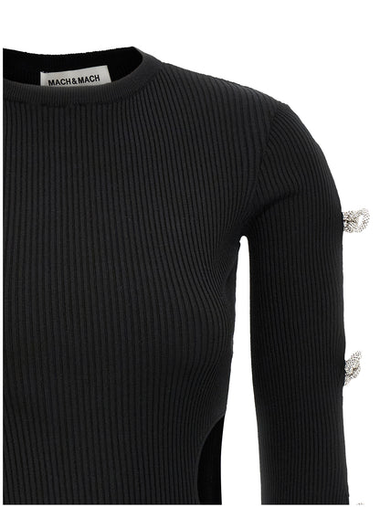 Dress by MACH & MACH for women in viscose polyester & rhinestone black presents a sinuous silhouette, showcasing a sophisticated crew neckline and detailed with a sinuous short mini for a refined finish.