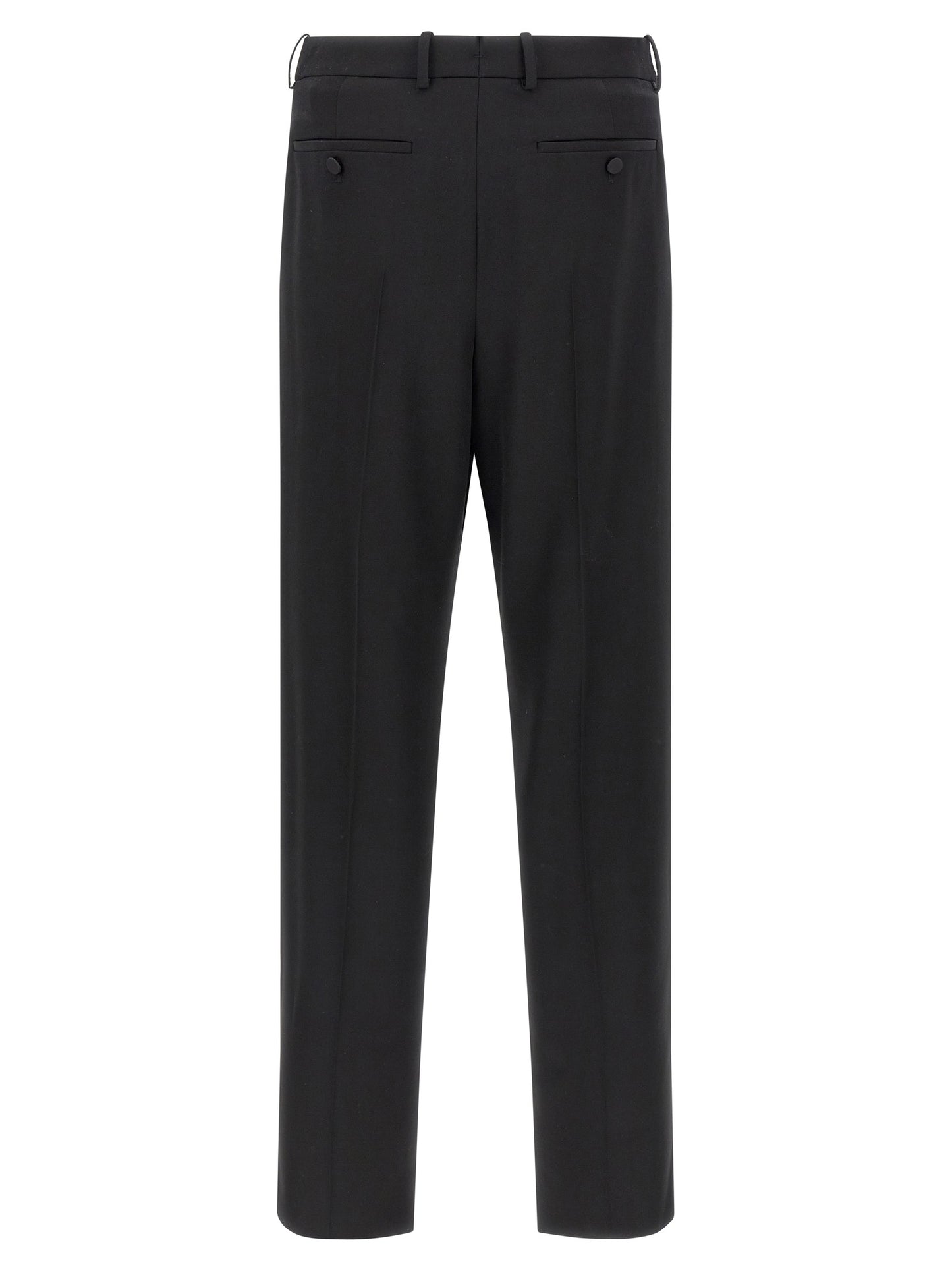 Trousers by Saint Laurent for men in satin wool black features an sartorial silhouette, showcasing a precise and long with a sartorial high rise for a refined look.