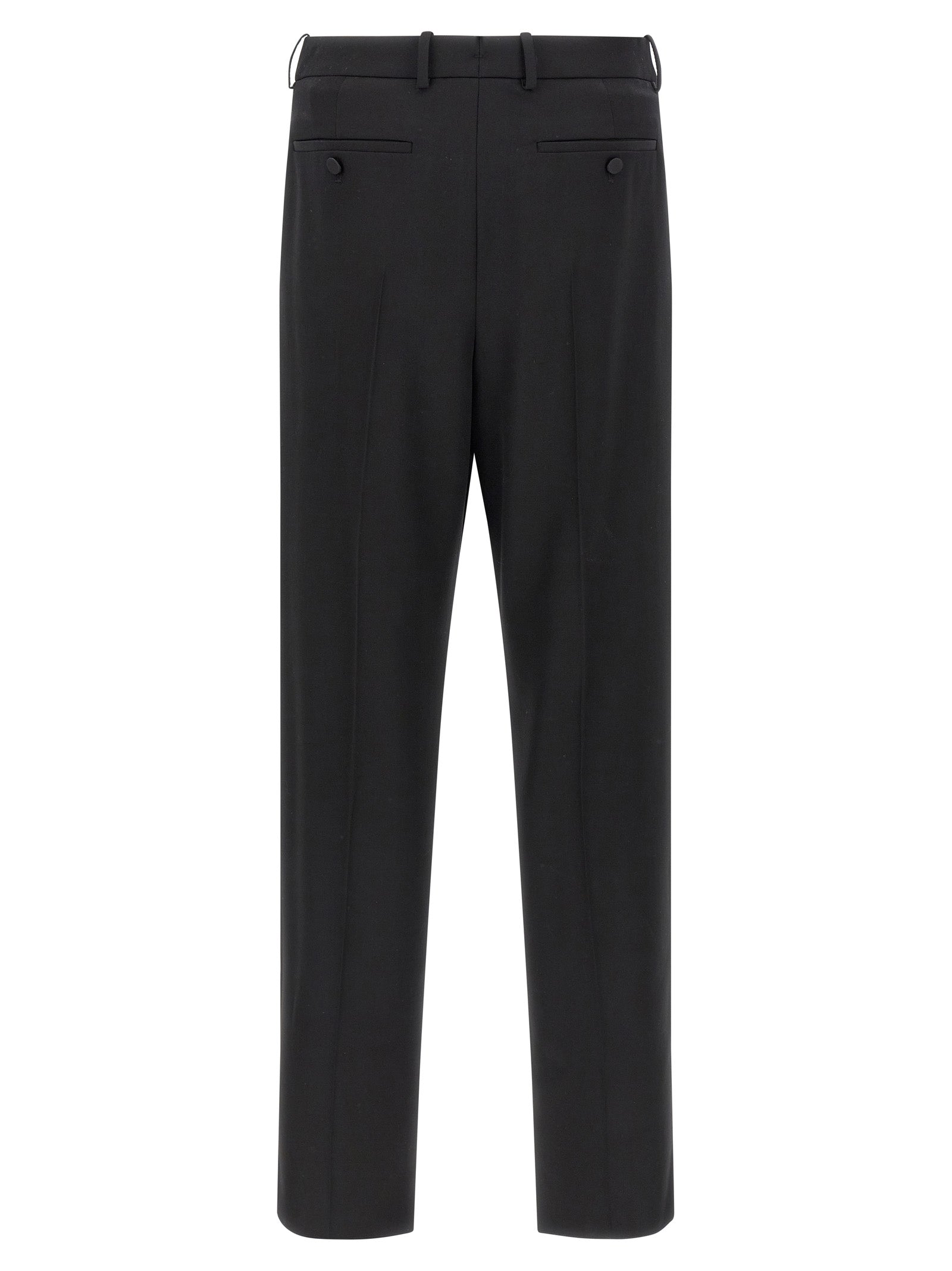 Trousers by Saint Laurent for men in satin wool black features an sartorial silhouette, showcasing a precise and long with a sartorial high rise for a refined look.