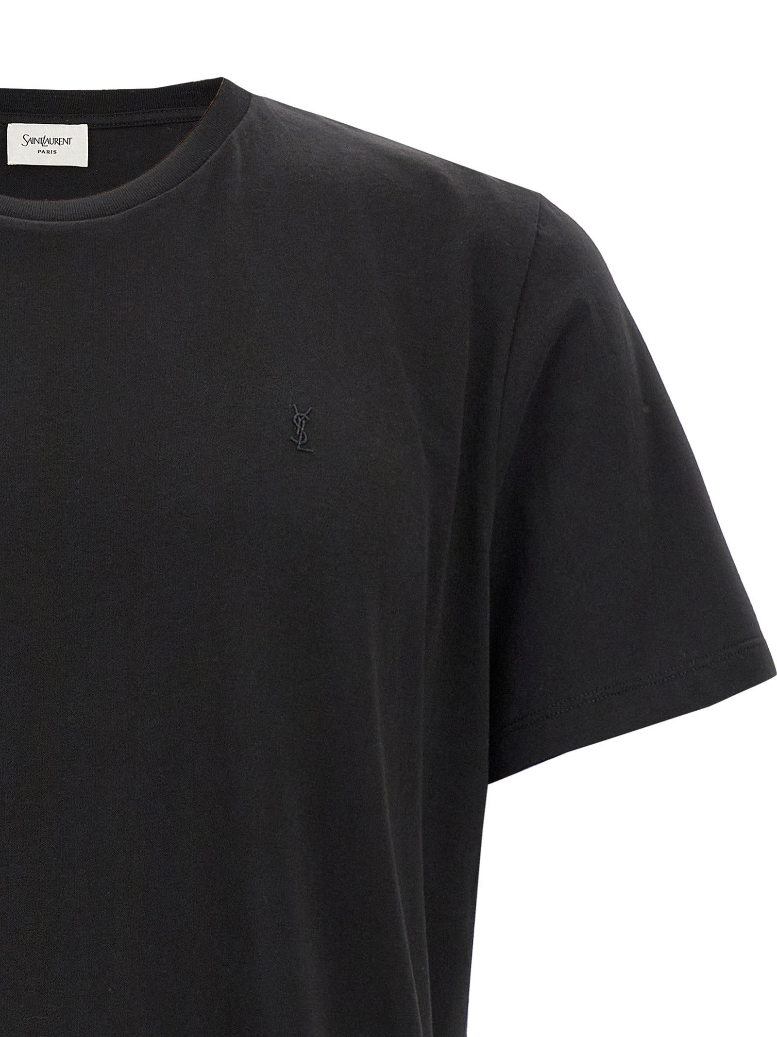 T-Shirt by Saint Laurent for men in cotton black showcases a unassuming silhouette, artfully detailed with a refined and unassuming for a sophisticated, contemporary look.